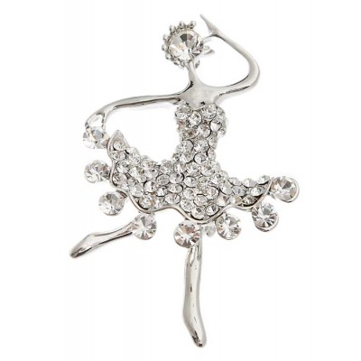 Брошь "Алмазная балеринка" от D.Mari.  Прозрачные кристаллы и стразы, бижутерный сплав серебряного тона. Гонконг