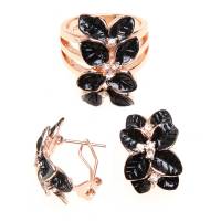 Комплект "Черная орхидея": серьги и кольцо от Arrina. Прозрачные стразы, черная эмаль, золочение 18 К золотм. Гонконг, 2010
