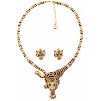 Комплект "Золотой тигр" от Arrina: ожерелье и серьги-пусеты. Стразы, цветная эмаль, бижутерный сплав золотого тона. Гонконг, 2005 год