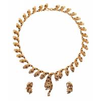 Комплект "Багира" от Arrina: ожерелье и серьги-клипсы. Стразы, бижутерный сплав золотого тона. Гонконг, 2005 год