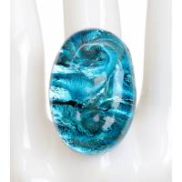 Кольцо коктейльное "Энигма". Муранское стекло серебристо-голубого цвета, бижутерный сплав серебряного тона, ручная работа. Murano, Италия (Венеция)