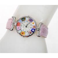 Часы женские наручные. Муранское стекло, искусственная кожа розового цвета, перламутр, металл серебряного тона. Murano, Италия (Венеция)