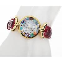 Часы женские наручные. Муранское стекло, искусственная кожа красного цвета, перламутр, металл золотого тона. Murano, Италия (Венеция)