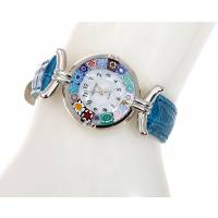 Часы женские наручные. Муранское стекло, искусственная кожа синего цвета, перламутр, металл серебряного тона. Murano, Италия (Венеция)