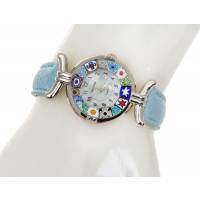 Часы женские наручные. Муранское стекло, искусственная кожа голубого цвета, перламутр, металл серебряного тона. Murano, Италия (Венеция)