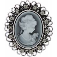 Брошь-камея "Незнакомка" от D.Mari. Серебристые кристаллы, смола серого цвета, бижутерный сплав серебряного тона. Гонконг