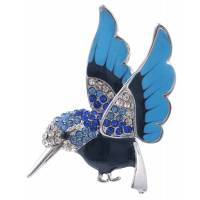 Брошь "Голубой колибри" от Arrina. Цветные эмали,  прозрачные и голубые стразы, бижутерный сплав серебряного тона. Гонконг