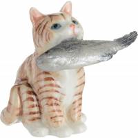 Статуэтка миниатюрная "Кошка с рыбкой". Фарфор, роспись, ручная работа. Высота 4 см. Таиланд