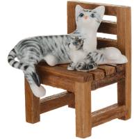 Статуэтка миниатюрная "Кошка с котенком на стуле". Фарфор, роспись, дерево, ручная работа. Высота 5 см. Таиланд