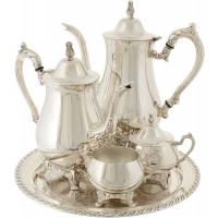 Чайно-кофейный набор из 5 предметов: чайник, сахарница, молочник, кофейник, поднос.  Металл, серебрение, гравировка. Oneida, США, середина ХХ века