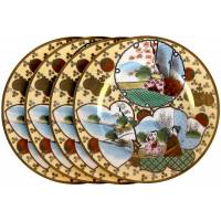 Комплект десертных тарелок "На террасе", 4 шт.. Фарфор, роспись, Япония, первая половина 20 века (со сколами)