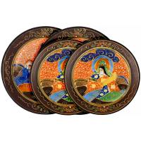 Комплект тарелок и блюдец "Самурай и гейша", 4 предмета. Фарфор, рельефная роспись. Satsuma, Япония, середина 20 века