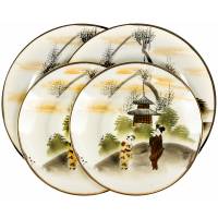 Комплект тарелок и блюдец "Пагода", 4 предмета.  Фарфор, ручная роспись. Япония, середина 20 века