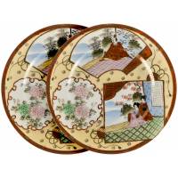 Пара десертных тарелок "Утро в саду". Фарфор, ручная роспись. Япония, середина 20 века