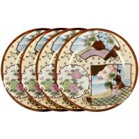 Комплект десертных тарелок "Утро в саду", 4 шт.. Фарфор, ручная роспись. Япония, середина 20 века (с повреждениями)