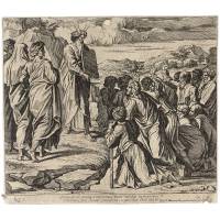 Моисей показыает скрижали с заповедями народу. Гравюра. Западная Европа, 18 век