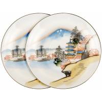 Пара блюдец "Пагода на берегу". Фарфор. Япония, вторая половина 20 века