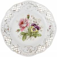 Декоративная тарелка "Роза и анютины глазки". Ажурный фарфор, Англия, первая половина 20 века