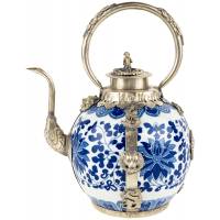 Декоративный тибетский чайник, фарфор, синий с белым, Китай, вторая половина 20 века