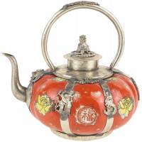 Декоративный тибетский чайник, фарфор, красный, Китай, вторая половина 20 века