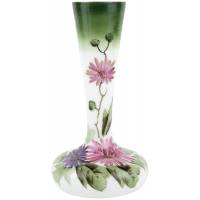 Антикварная ваза для цветов "Астры". Высота 21,5 см. Опаловое урановое стекло, ручная роспись. Великобритания, конец 19 века (скол)