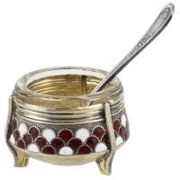 Солонка с ложечкой, мельхиор, стекло, эмаль, Мстерская художественная фабрика "Ювелир", СССР, 1970-е гг.