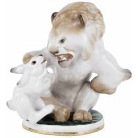 Фарфоровая статуэтка "Лев и заяц (Заяц во хмелю)", фарфор, высота 13,5 см, ЛФЗ, СССР, винтажная, 1960 - гг.