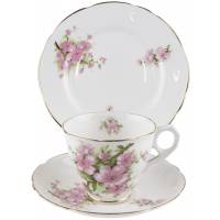 Чайное трио "Цветущая яблоня". Костяной фарфор, Великобритания, винтаж, вторая половина 20 века