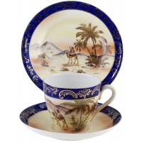 Чайное трио "Египетский пейзаж". Фарфор. Victoria, Чехословакия, антиквариат, первая половина 20 века