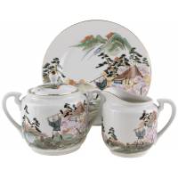 Набор для сервировки чайного стола: сахарница, молочник, тарелка "Дровосек", Фарфор, Япония, винтаж, вторая половина 20 века