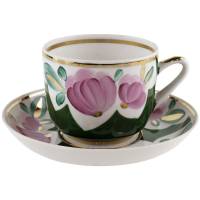 Чайная пара "Цветы на зеленом", Фарфор, винтаж, Вербилки, СССР, 1965-1991 гг.