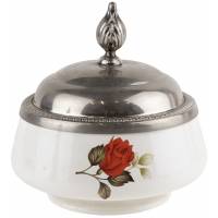 Сахарница с крышкой "Красные розы", Falstaff, Фарфор, серебрение, Великобритания, диаметр 13 см, винтаж, середина 20 века