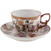 Кофейная пара антикварная "Утро в саду". Фарфор, ручная роспись. Япония, первая половина 20 века