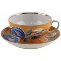 Чайная пара "Синяя роза на оранжевом", фарфор, винтаж, агашки, Дулево, СССР, вторая половина 20 века