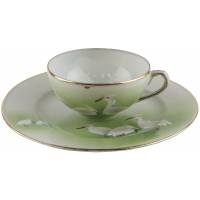 Чашка и тарелка "Японские цапли". Фарфор, ручная роспись. Япония, винтаж, середина 20 века