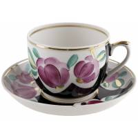 Чайная пара "Цветы на черном", Фарфор, винтаж, агашки, Вербилки, СССР, 1965-1991 гг.