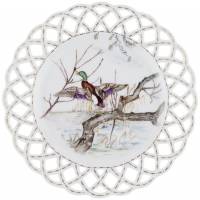 Декоративная тарелка антикварная "Утка". Ажурный прорезной фарфор, роспись, Германия?,  первая половина 20 века