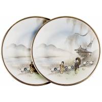 Блюдца чайные "Прогулка по саду", 2 шт. Фарфор, ручная роспись. Япония, винтаж, середина 20 века