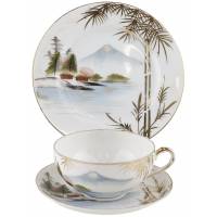 Чайное трио "Фудзияма" с литофанией. Фарфор, ручная роспись. Япония, винтаж, середина 20 века (реставрация)