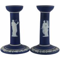 Редкие подсвечники парные "Орфей и музы". Синий бисквит, фарфор Wedgwood, Великобритания, винтаж, середина 20 века