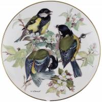 Декоративная тарелка "Синицы", Фарфор, винтаж, Tirschenreuth WWF, Германия, 1986 год (скол)