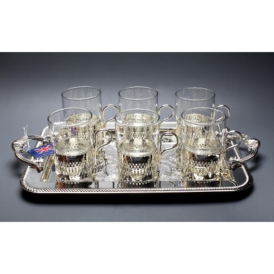 Чайный набор "Марокко" из 7 предметов. Металл, серебрение, стекло. Queen Anne, Великобритания, 2012 год Чайный набор "Марокко" из 7 предметов. Металл, серебрение, стекло. Queen Anne, Великобритания, 2012 год