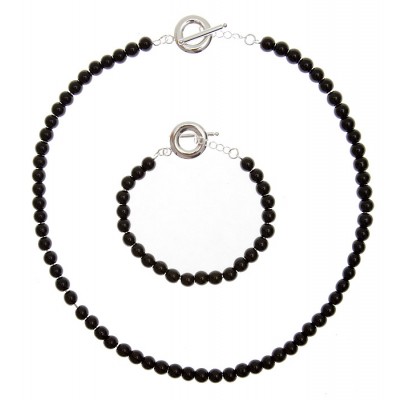 Комплект "Черный жемчуг": ожерелье, браслет. Искусственный жемчуг черного цвета, металл, серебрение. Гонконг, 2005
