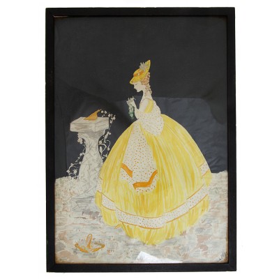 Рисунок "Дама в желтом платье". Акварель, дерево , стекло. Западная Еворопа, конец ХIX века