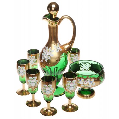 Bohemia. Ликерный набор, 8 предметов. Богемское стекло изумрудного цвета, цветные эмали, золочение, ручная работа. Чехословакия, (Bohemia), 1970-е гг. Bohemia. Ликерный набор, 8 предметов. Богемское стекло изумрудного цвета, цветные эмали, золочение, ручная работа. Чехословакия, (Bohemia), 1970-е гг.