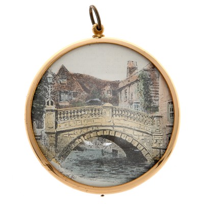 Плакетка декоративная "Мост через реку". Рисунок, металл, стекло. Западная Европа, вторая половина ХХ века