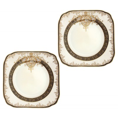Десертные тарелки "Золотое утро", 2 шт. Фарфор, ручная роспись, рельефое золочение. Meito, Япония, 1940-е гг. Десертные тарелки "Золотое утро", 2 шт. Фарфор, ручная роспись, рельефое золочение. Meito, Япония, 1940-е гг.