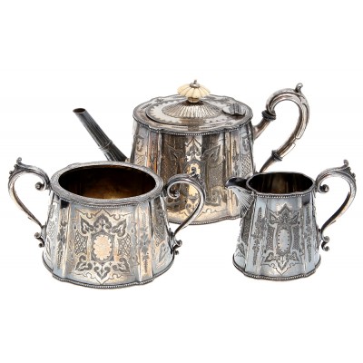 Чайный набор из 3-х предметов. Металл, гравировка, серебрение. Browett Ashberry, Великобритания, конец ХIХ века