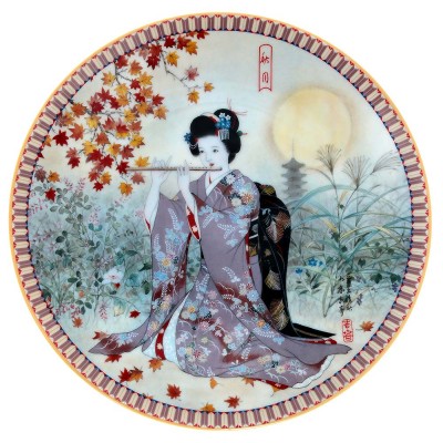 Декоративная тарелка настенная "Гейша с флейтой", фарфор, Ketsuzan-Kiln, Япония, винтаж, 1990 год