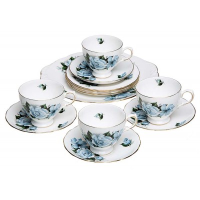 Чайный сервиз "Голубые розы" на 4 персоны, 13 предметов . Фарфор, деколь, золочение. Queen Anne, Великобритания, вторая половина ХХ века